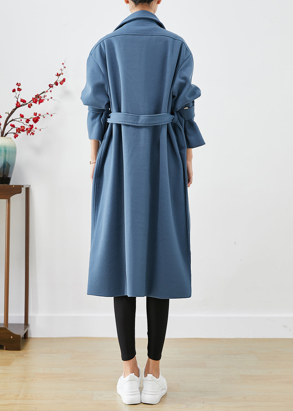 Fashion Blue Grey Peter Pan Collar Tie Waist Woolen Trench Fall