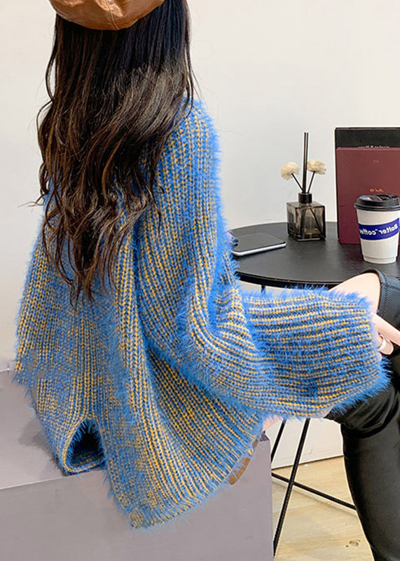 Fashion Blue O-Neck Cozy Low High Design Knit Sweaters Fall