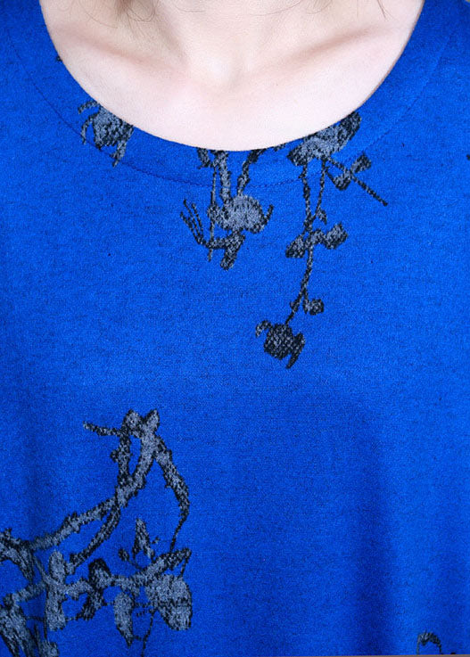 Fashion Blue O-Neck Print Cotton Maxi Dress Spring