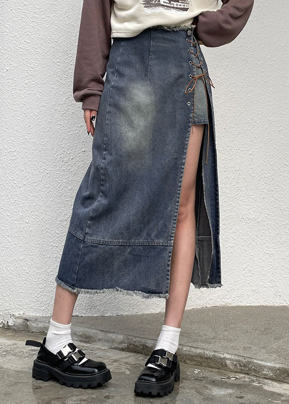 Fashion Blue Open Lace Up Patchwork Denim Skirt Summer