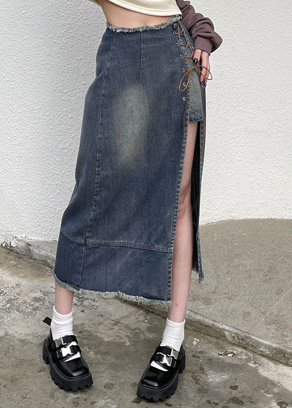 Fashion Blue Open Lace Up Patchwork Denim Skirt Summer