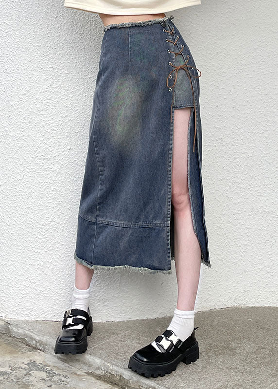 Fashion Blue Open Lace Up Patchwork Denim Skirt Summer