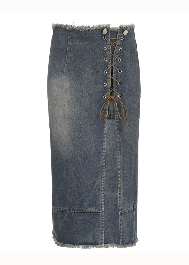 Fashion Blue Open Lace Up Patchwork Denim Skirt Summer