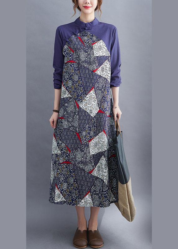 Fashion Blue Patchwork Button asymmetrical design Fall Holiday Dress Long sleeve - Omychic