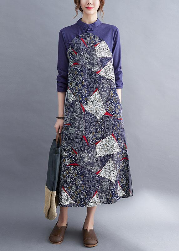 Fashion Blue Patchwork Button asymmetrical design Fall Holiday Dress Long sleeve - Omychic