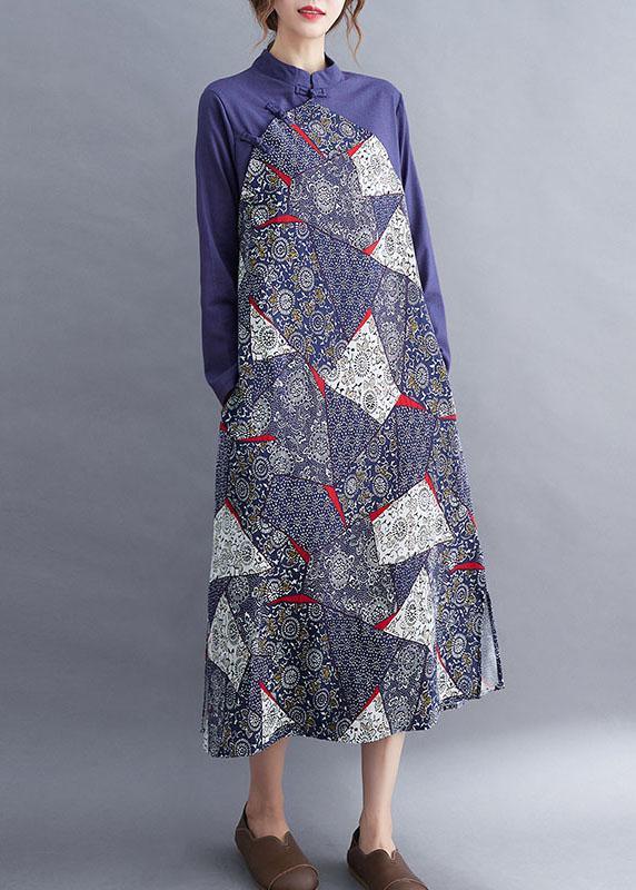 Fashion Blue Patchwork Button asymmetrical design Fall Holiday Dress Long sleeve - Omychic