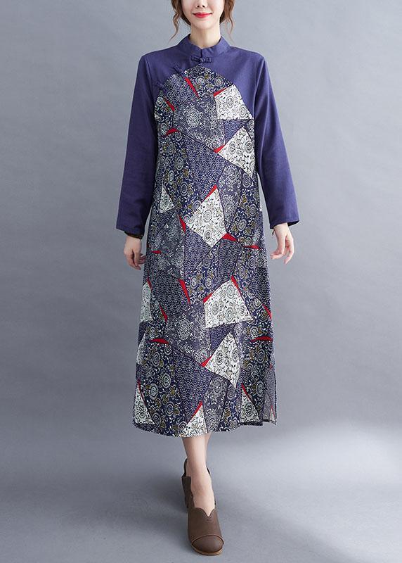 Fashion Blue Patchwork Button asymmetrical design Fall Holiday Dress Long sleeve - Omychic