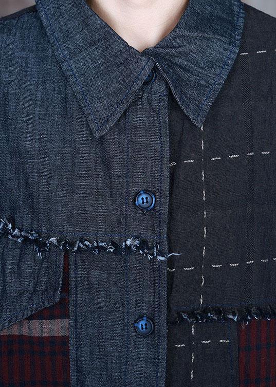 Fashion Blue PeterPan Collar Plaid Patchwork denim Winter Coat - Omychic