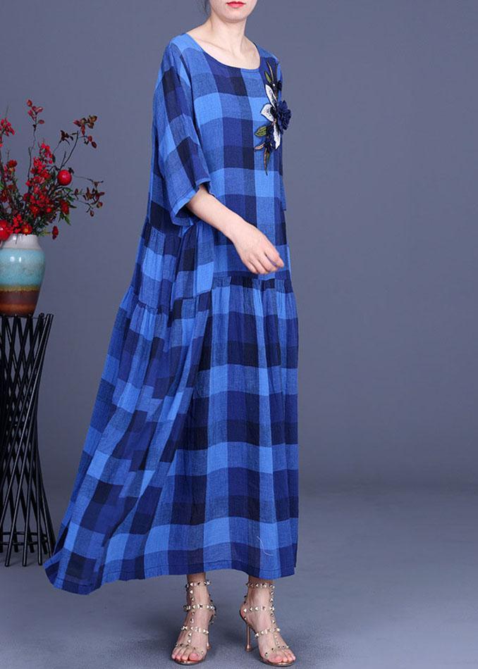 Fashion Blue Plaid Linen Embroideried Floral Summer Long Dress - Omychic