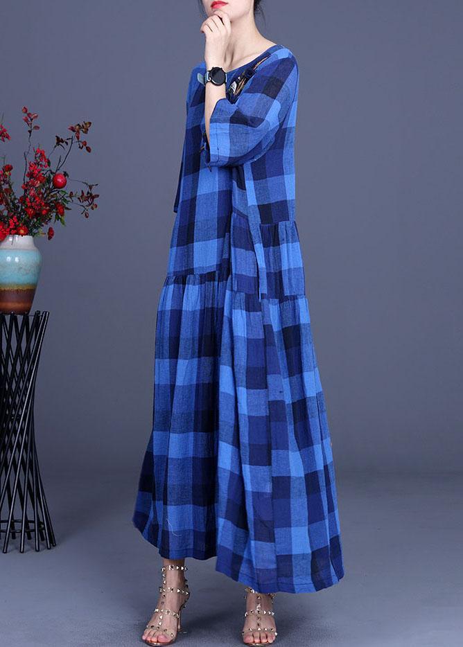 Fashion Blue Plaid Linen Embroideried Floral Summer Long Dress - Omychic