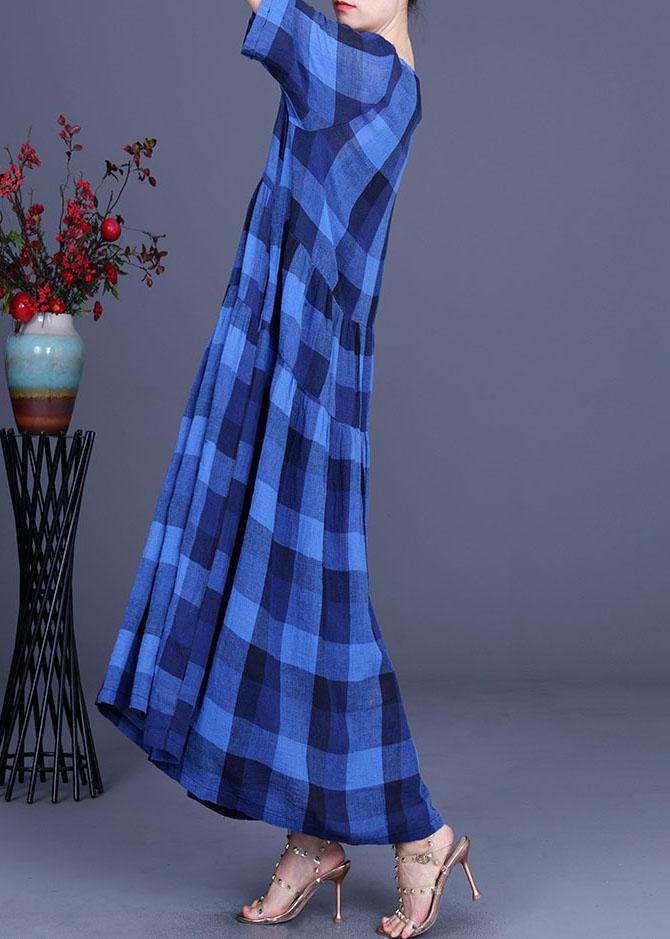 Fashion Blue Plaid Linen Embroideried Floral Summer Long Dress - Omychic