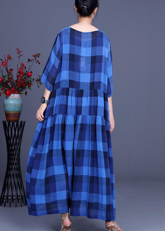 Fashion Blue Plaid Linen Embroideried Floral Summer Long Dress - Omychic