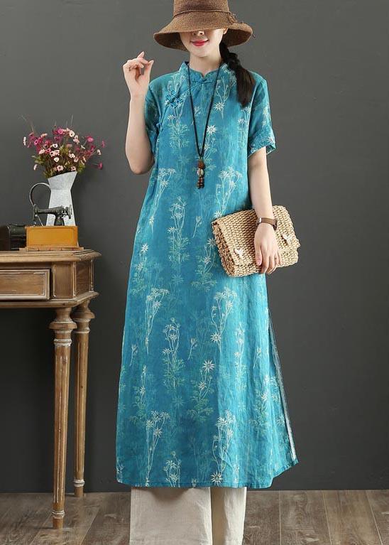 Fashion Blue Print Oriental side open Long Summer Linen Dress - Omychic