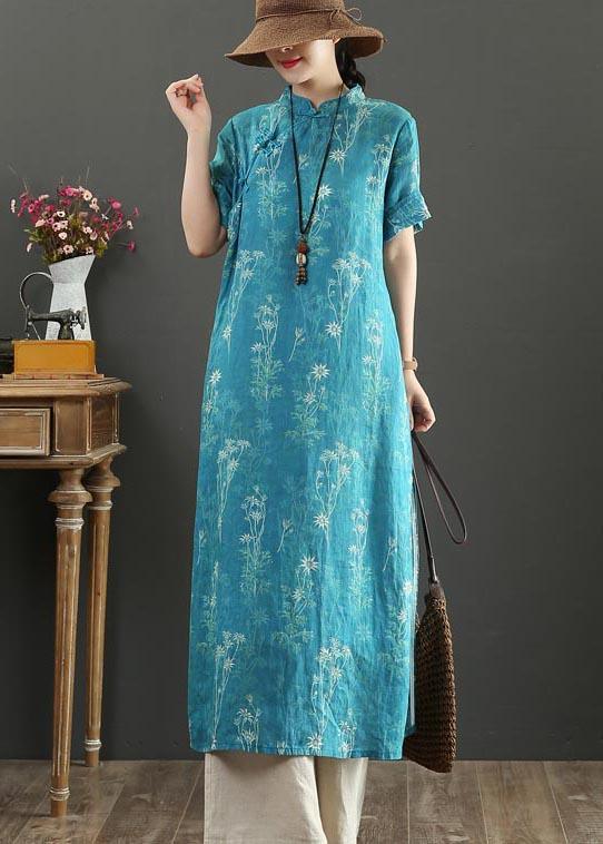 Fashion Blue Print Oriental side open Long Summer Linen Dress - Omychic