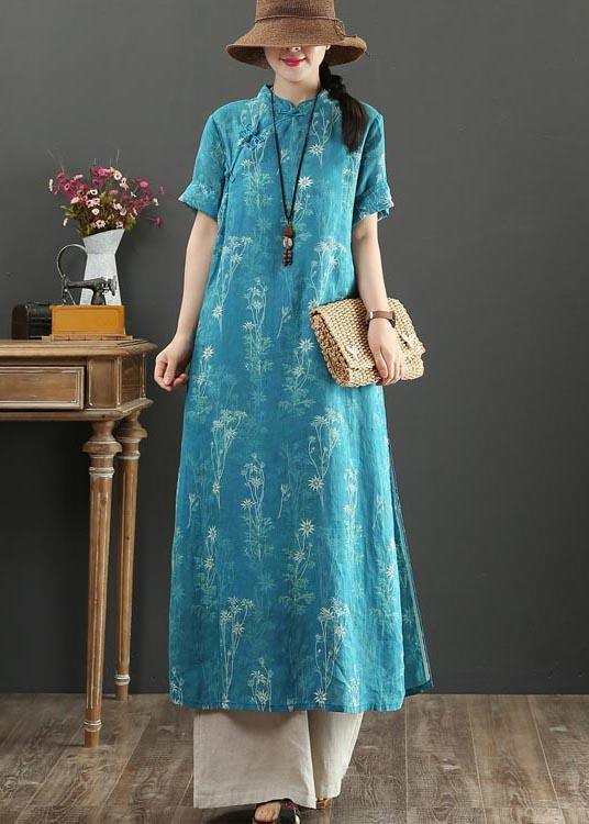 Fashion Blue Print Oriental side open Long Summer Linen Dress - Omychic