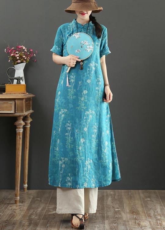 Fashion Blue Print Oriental side open Long Summer Linen Dress - Omychic