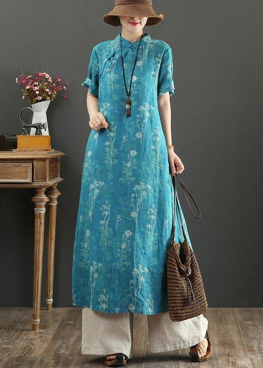 Fashion Blue Print Oriental side open Long Summer Linen Dress - Omychic