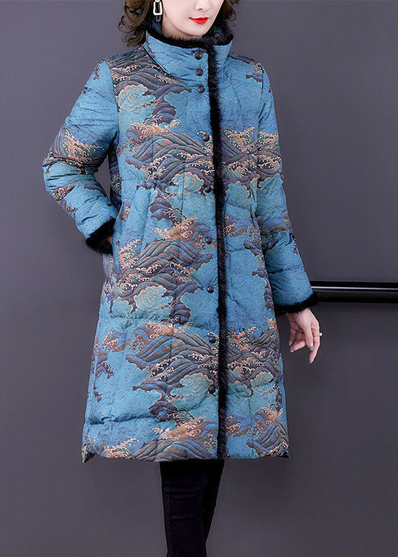 Fashion Blue Raccoon Hair Collar Print Fine Cotton Filled Puffer Coats Winter