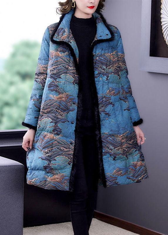 Fashion Blue Raccoon Hair Collar Print Fine Cotton Filled Puffer Coats Winter