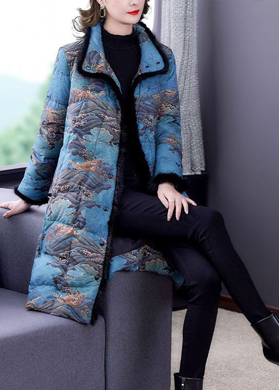 Fashion Blue Raccoon Hair Collar Print Fine Cotton Filled Puffer Coats Winter