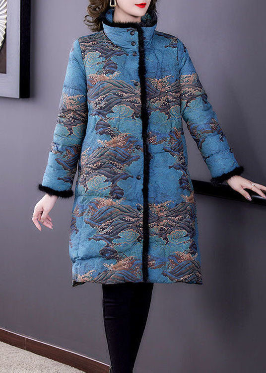 Fashion Blue Raccoon Hair Collar Print Fine Cotton Filled Puffer Coats Winter