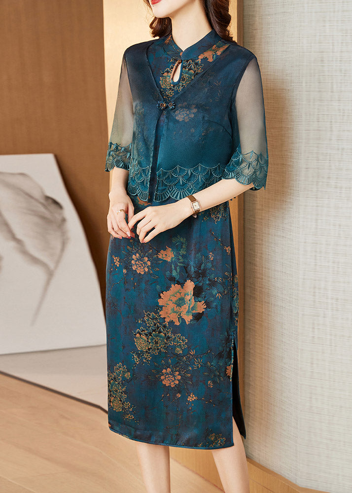 Fashion Blue Stand Collar Cardigans And Long Dress Silk Two Pieces Set Summer