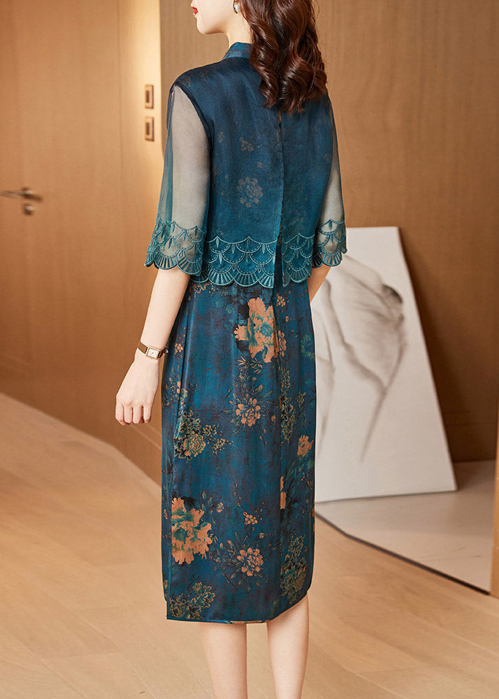 Fashion Blue Stand Collar Cardigans And Long Dress Silk Two Pieces Set Summer
