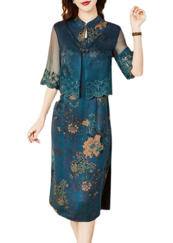 Fashion Blue Stand Collar Cardigans And Long Dress Silk Two Pieces Set Summer