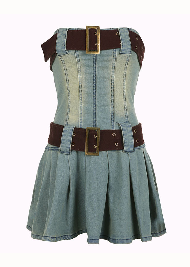 Fashion Blue Strapless Tie Waist Patchwork Denim Mini Dress Summer