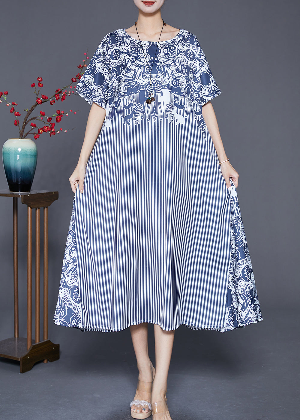 Fashion Blue Striped Patchwork Exra Large Hem Silk Robe Dresses Summer