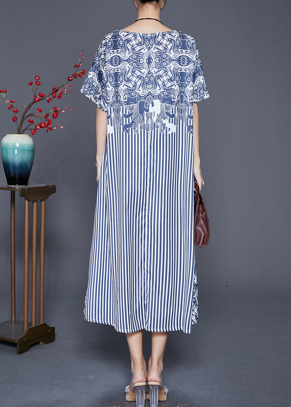 Fashion Blue Striped Patchwork Exra Large Hem Silk Robe Dresses Summer