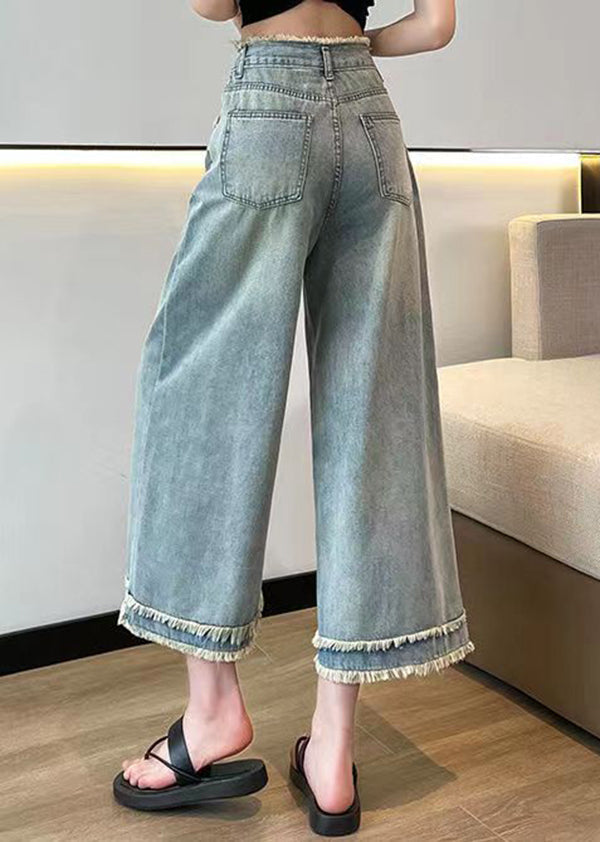 Fashion Blue Tasseled Pockets Denim Wide Leg Pants Spring