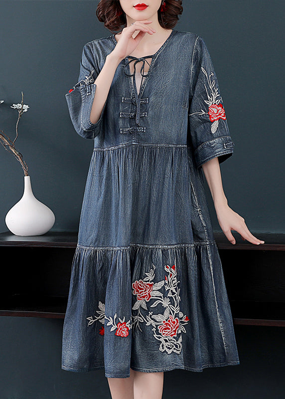 Fashion Blue V Neck Embroideried Cotton Holiday Denim Dress Half Sleeve