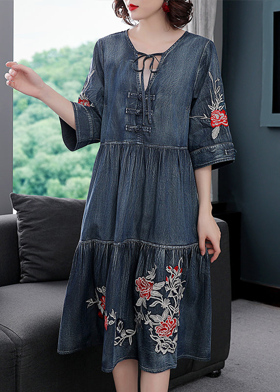 Fashion Blue V Neck Embroideried Cotton Holiday Denim Dress Half Sleeve