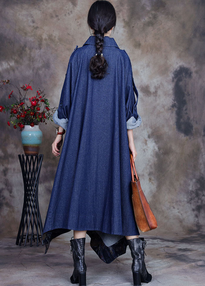 Fashion Blue asymmetrical design button Peter Pan Collar Cotton denim trench Coats Spring