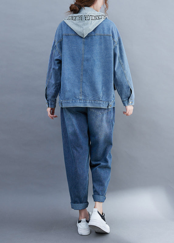 Fashion Blue drawstring Hooded Pockets Patchwork Benim Coats Long Sleeve