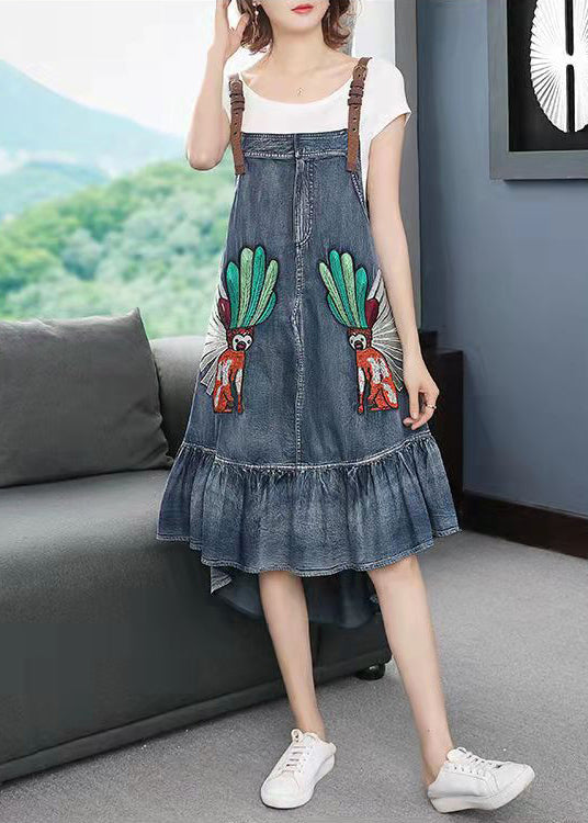 Fashion Blue low high design Embroideried Spaghetti Strap Party Dress Sleeveless