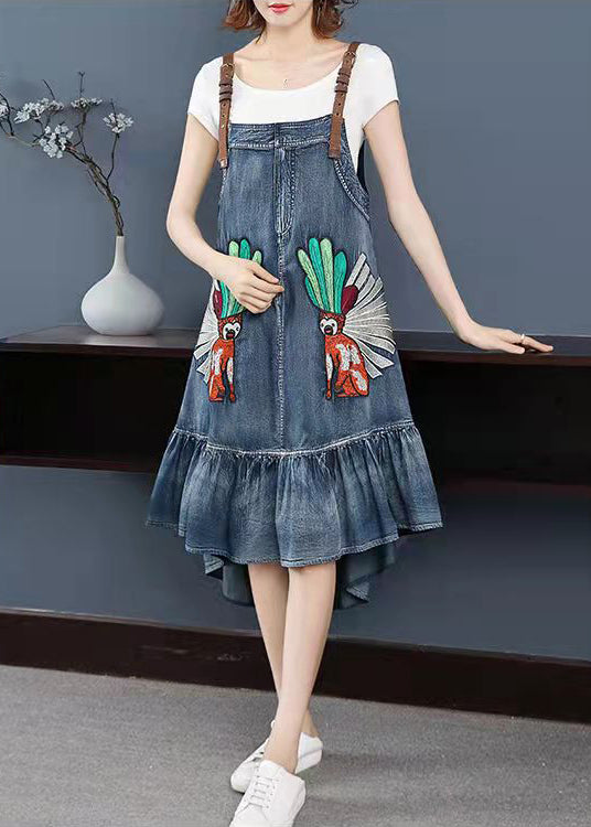 Fashion Blue low high design Embroideried Spaghetti Strap Party Dress Sleeveless