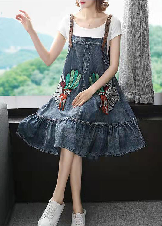 Fashion Blue low high design Embroideried Spaghetti Strap Party Dress Sleeveless