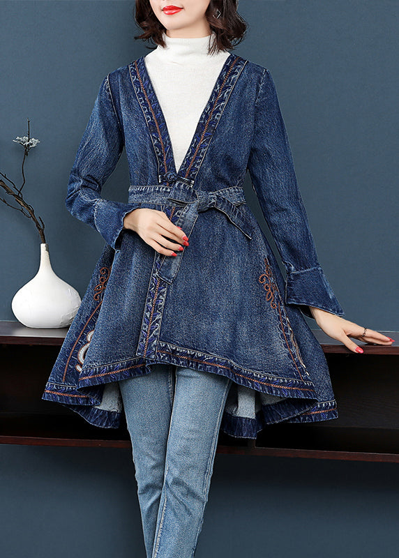 Fashion Blue low high design V Neck Embroideried Cotton Denim trench coats Long Sleeve