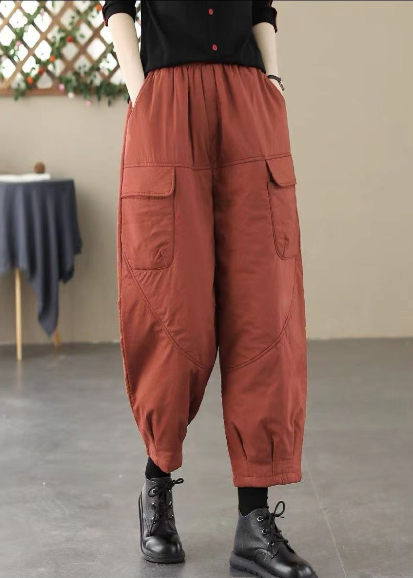 Fashion Brick Red Elastic Waist Pockets Fine Cotton Filled Pants Winter