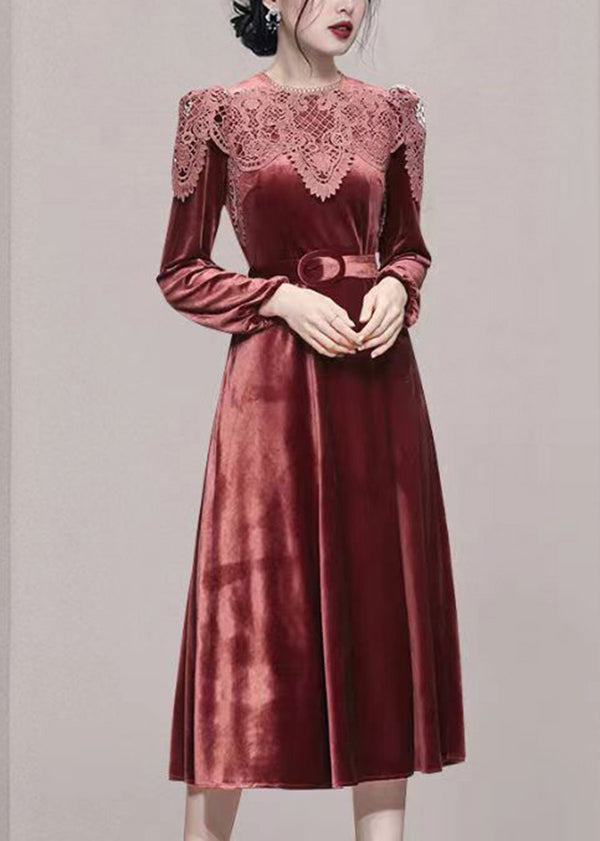 Fashion Brick Red Lace Tunic Patchwork Velour Long Dresses Fall