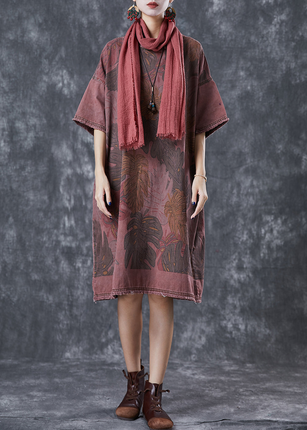 Fashion Brick Red Oversized Print Denim Dresses Winter