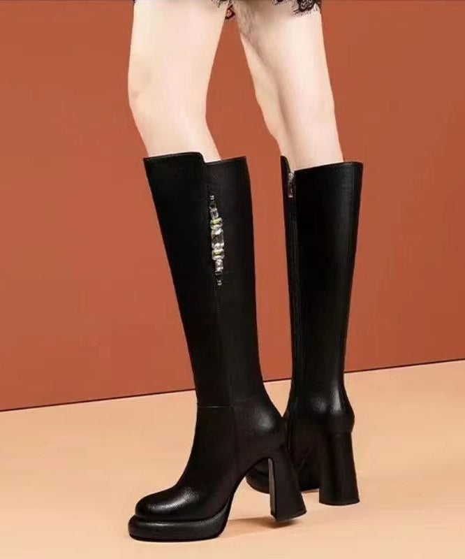 Fashion Chunky Heel Long Boots Black Cowhide Leather