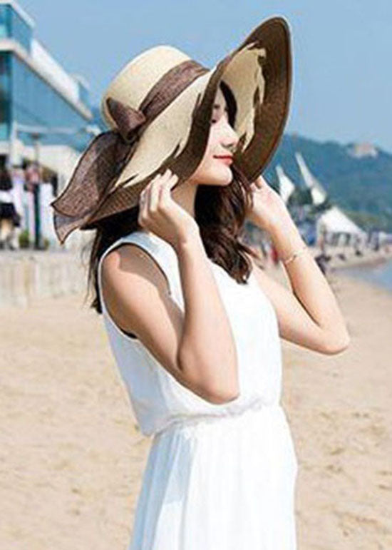 Fashion Coffee Bow Patchwork Straw Woven Beach Floppy Sun Hat