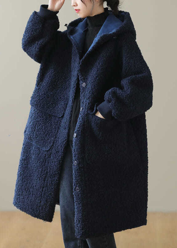 Fashion Coffee Button Pockets Warm Faux Fur Hooded Coat Long Sleeve
