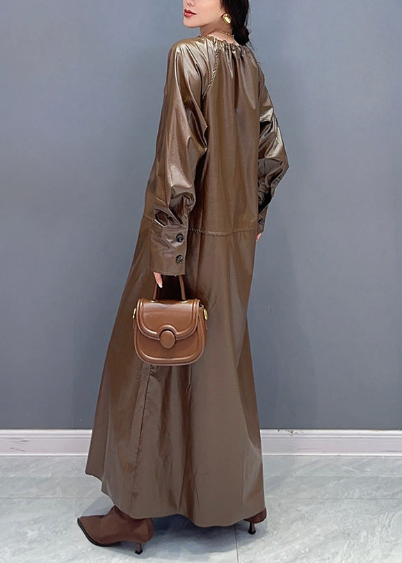 Fashion Coffee Drawstring Tie Waist Faux Leather Long Trench Coat Fall