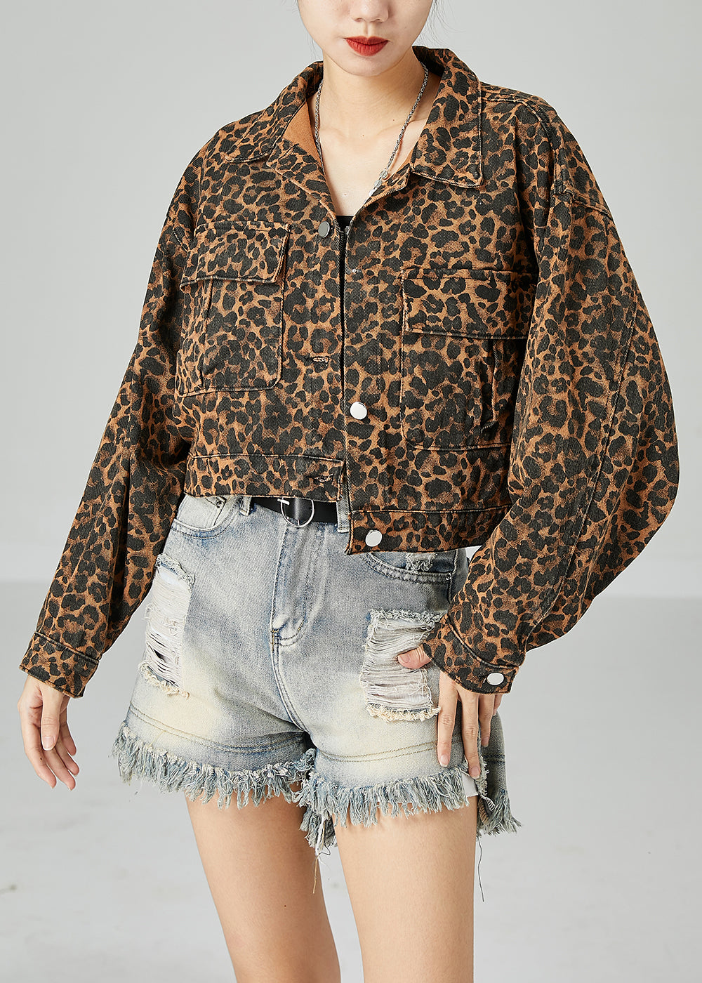 Fashion Coffee Peter Pan Collar Leopard Print Pockets Cotton Coats Spring