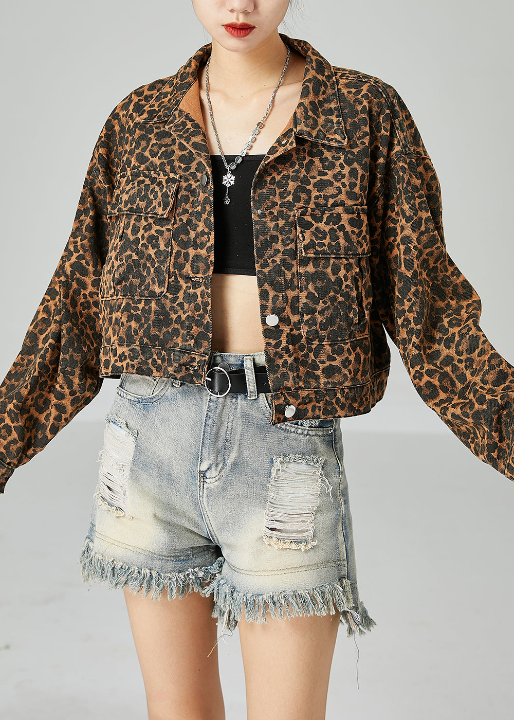 Fashion Coffee Peter Pan Collar Leopard Print Pockets Cotton Coats Spring