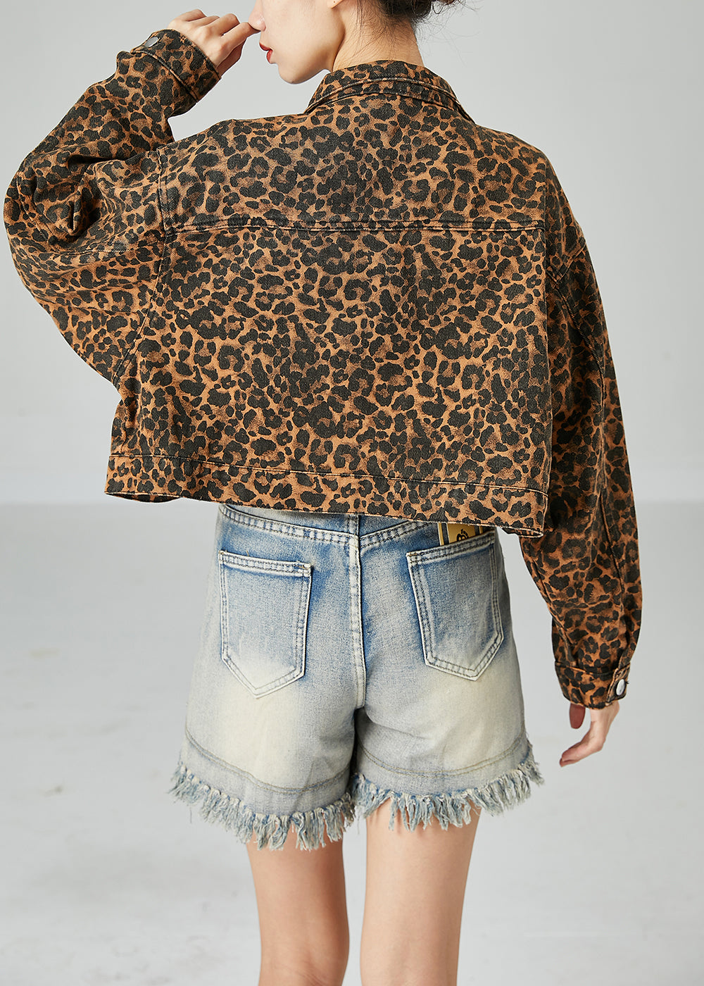 Fashion Coffee Peter Pan Collar Leopard Print Pockets Cotton Coats Spring